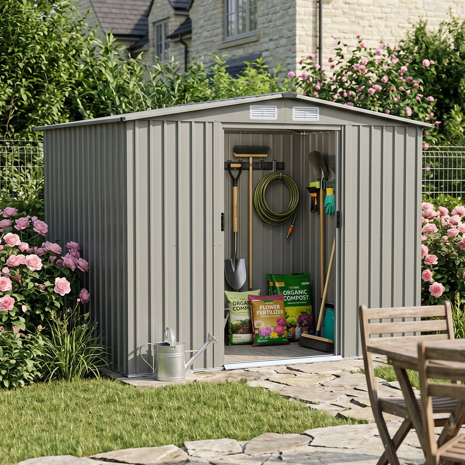 6x8FT Wood Grain Metal Garden Shed With Double Sliding Doors Apex Roof